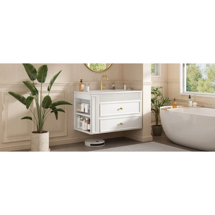 Flieks wandhängender Waschtischunterschrank, Badezimmerschrank mit Keramikwaschbecken, Schubladen & seitlichem Regal, 81 x 47 x 52 cm, weiß – Bild 4