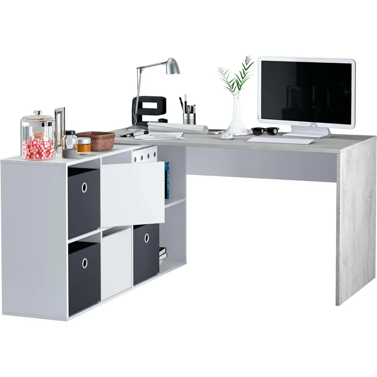 Habitdesign, Schreibtisch – flexibler PC-Tisch in Artik weiß und Zementgrau, rechts, links oder gerade aufstellbar, Maße: 136–203x66–139x74 cm (B x H x T), ideal für Homeoffice, Modell Adapta Plus – Bild 4