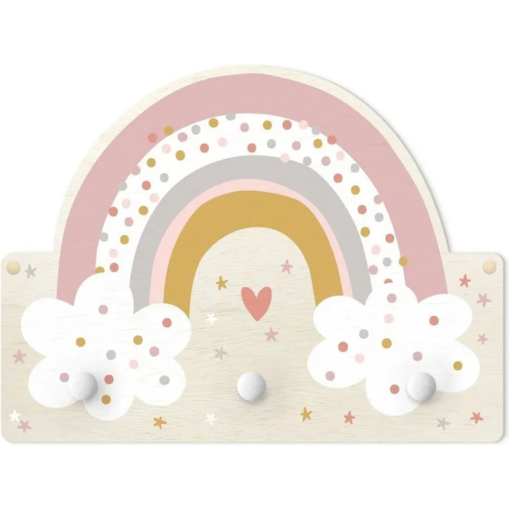 Bilderdepot24 Garderobenpaneel rosa Muster Weltall Himmel Sterne Regenbogen mit Wolken (Kindergarderobe holz Kleiderhaken für die Wand inkl. Montagematerial), moderne Wand Garderobenleiste Flur - kleine Hakenleiste Kinderzimmer