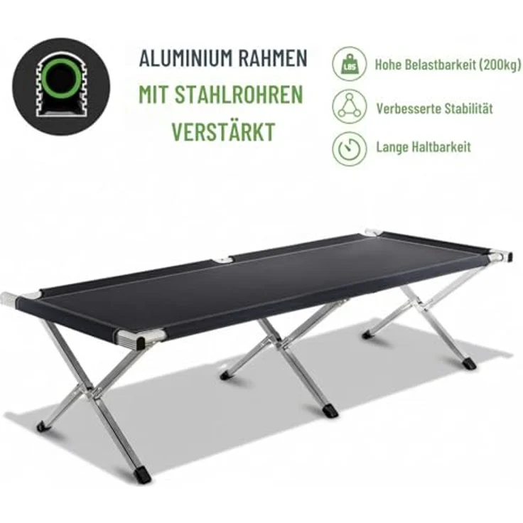 Kronenburg Faltbett XXL - Campingbett klappbar 210 x 82 x 45cm Belastbarkeit bis 200 kg - Stahlrohr verstärkt - in Schwarz – Bild 3