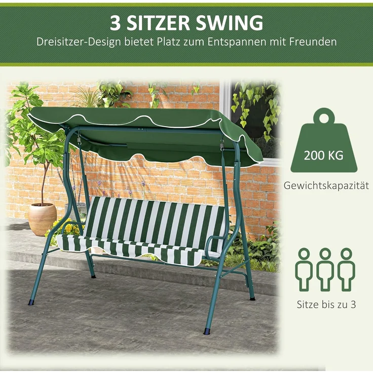 Outsunny Hollywoodschaukel Schwingbank mit Verstellbarem Sonnendach, 3-Sitzer, Relaxfunktion, Gartenschaukel, 1 tlg, Schaukelbank, Stahlrahmen, Grün 170 x 110 x 153 cm – Bild 5