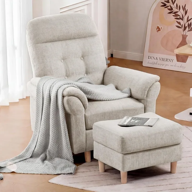 COMHOMA Relaxsessel Fernsehsessel mit Verstellbarer Rückenlehne 4-Gang-Verstellung bis 160°,Federkissen mit Hocker Einzelliege Sessel Wohnzimmer Schlafzimmer Heimkino Leinen, BEIGE