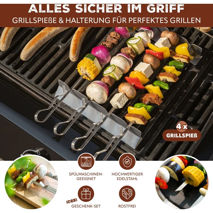 Grillspieße 4er-Set mit 2 Ablage-Gestellen, Grillspießhalter, aus Edelstahl – Bild 2