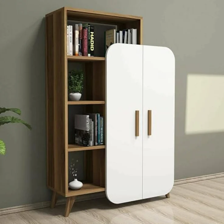 Dmora - Kommode Capella, Wohnzimmerbuffet, Wohnzimmer-Sideboard, Moderne Küchen-Speisekammer, 90x32h132 cm, Walnuss und Weiß – Bild 2