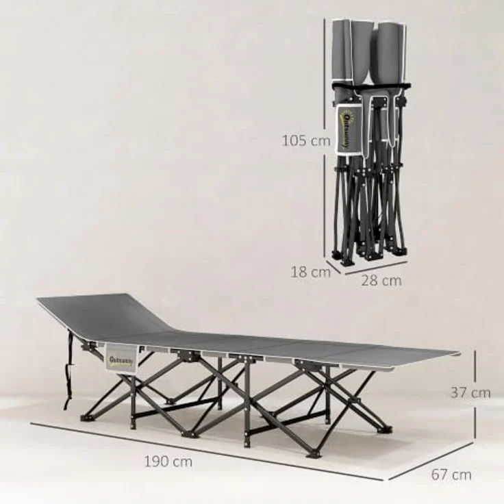 Outsunny Feldbett Campingbett 190 x 67 x 37 cm Gästebett bis 150 kg (mit dicker und weicher Matratze zum Schlafen, 1-St, mit rutschfesten Füßen) Seitentasche und Tragetasche, Schwarz – Bild 7