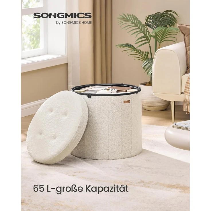 SONGMICS MAZIE Kollektion – Sitzhocker rund, Fußhocker mit Stauraum, faltbarer Hocker mit abnehmbarem Deckel, einfache Montage, Fleece, Wohnheim, Schlafzimmer, Wohnzimmer, cremeweiß – Bild 2