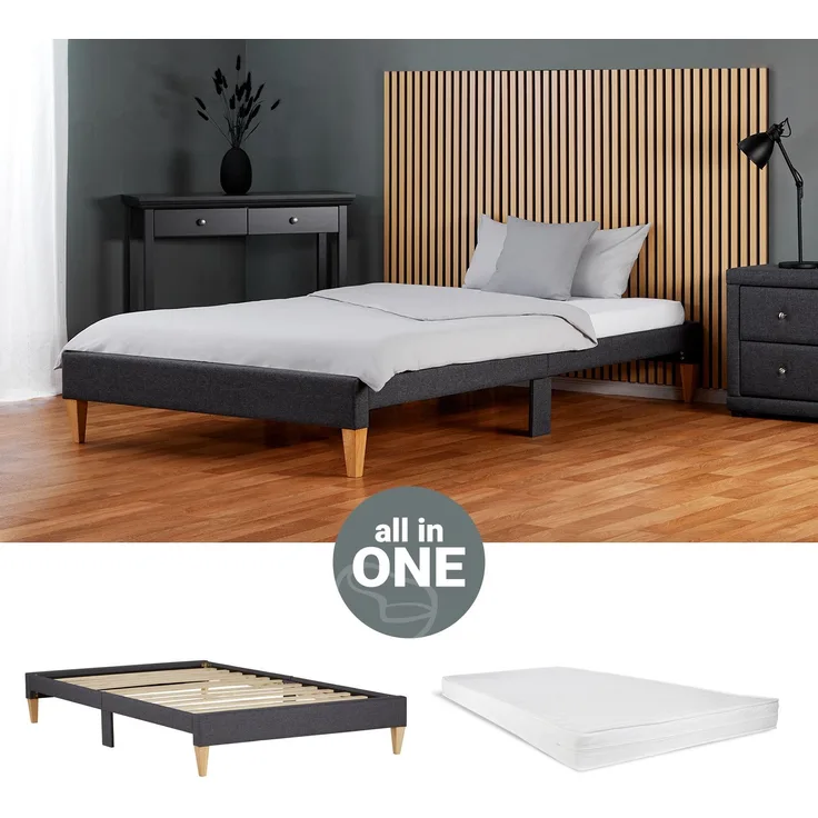 Homestyle4u Polsterbett mit Matratze und Lattenrost, Stoff, H2, Grau, 90x200 cm