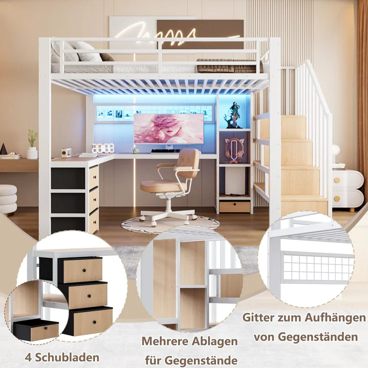 Hochbett mit RGB LED-Streifen, Eckschreibtisch, Treppe, Regal, Lattenrost, Wandgitter und 4 Schubladen, 140x200 cm, Kinderbett mit Rausfallschutz, Metallbett – Bild 4