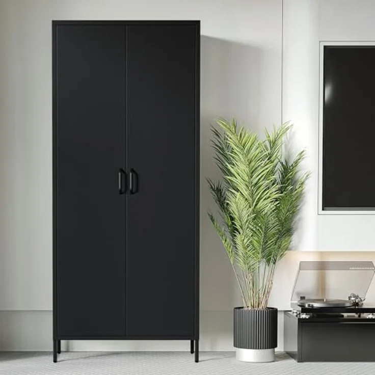 Jan Nowak Kleiderschrank 2 Türig, Metallschrank Glitzernd - Flavio | Ablagen, Kleiderstange, Magnetverschluss | Geräumiger Garderobenschrank für Schlafzimmer | 80 x 185 x 45 cm | Schwarz – Bild 2