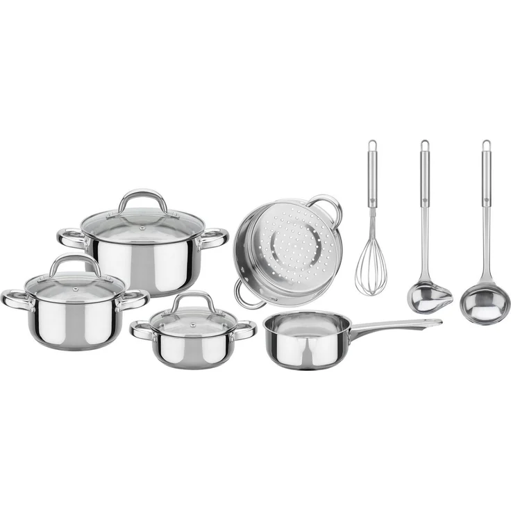GSW Topf-Set Montreal, Edelstahl (Set, 11-tlg, je 1 Kochtopf 14/16/20 cm, 1 Stieltopf 14 cm), Kaltmetall-Griffe, Glasdeckel, inkl. Kochutensilien, Induktion – Bild 3