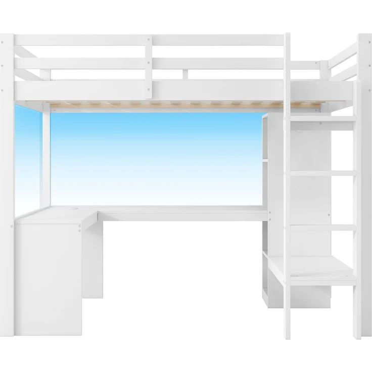 U-life Hochbett 140x200 cm mit Schreibtisch, Multifunktionsregalen, offenem Kleiderschrank, LED-Beleuchtung und USB-Ladestation, Weiß – Bild 9