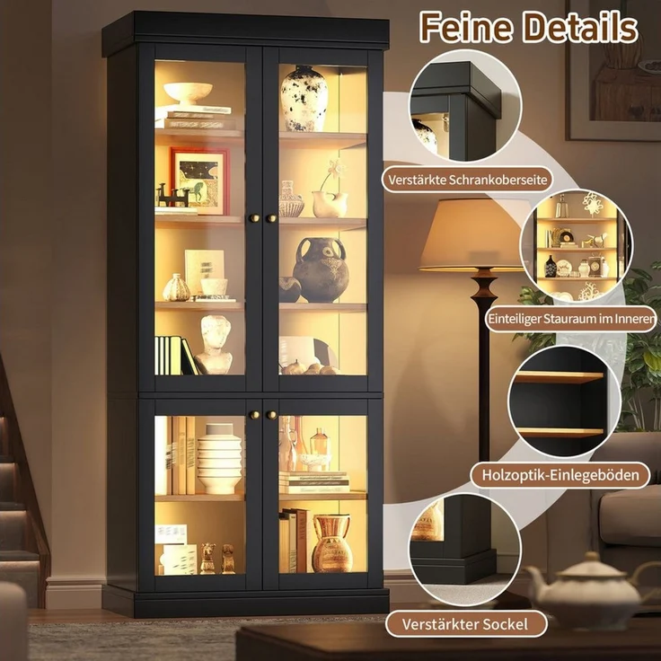 Odikalo Vitrine Vitrineschrank Glasvitrine mit LED (durchdachter Innenaufteilung und Kippschutz, stabil, sicher und vielseitig für Zuhause) – Bild 3