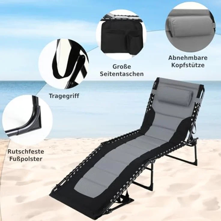 Clevich XXL Liegestuhl klappbar, 199×66 cm Übergroße Sonnenliege mit 5-Fach Verstellbarer Rückenlehne, Gartenliege mit Kopfkissen & Seitentasche, Campingliege bis 150 kg für Strand, Pool – Bild 7