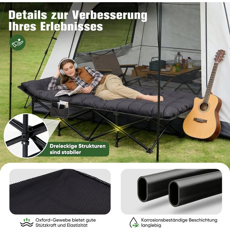 Sekey Klappbett 202 x 80 cm Extra Breit Feldbett XXL Campingbett Klappbar mit Matratze Faltbares Klappbett mit Seitentasche, 600D Oxford-Gewebe, bis 200 kg – Bild 2
