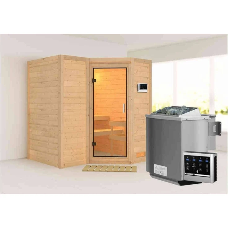 Karibu Sauna Sahib 1 + 9kW BIO-Kombiofen mit ext. Steuerung Easy Klarglas Ganzglastür – Bild 1
