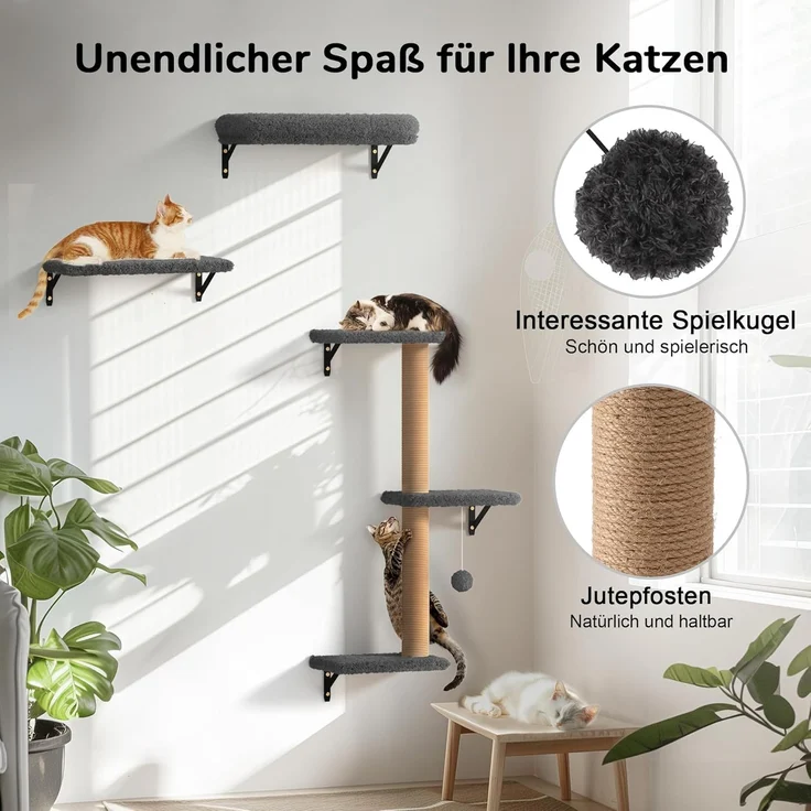 FUKUMARU Kletterwand Katzen Set, 10-teilig Katzen Kletterwand Set, aus robuster Multiplexplatte，Hängematte Katze mit Katzenhaus, Katzenbrücke, Katzenbaum, Katzentreppe bis zu 18 kg, Grau – Bild 9