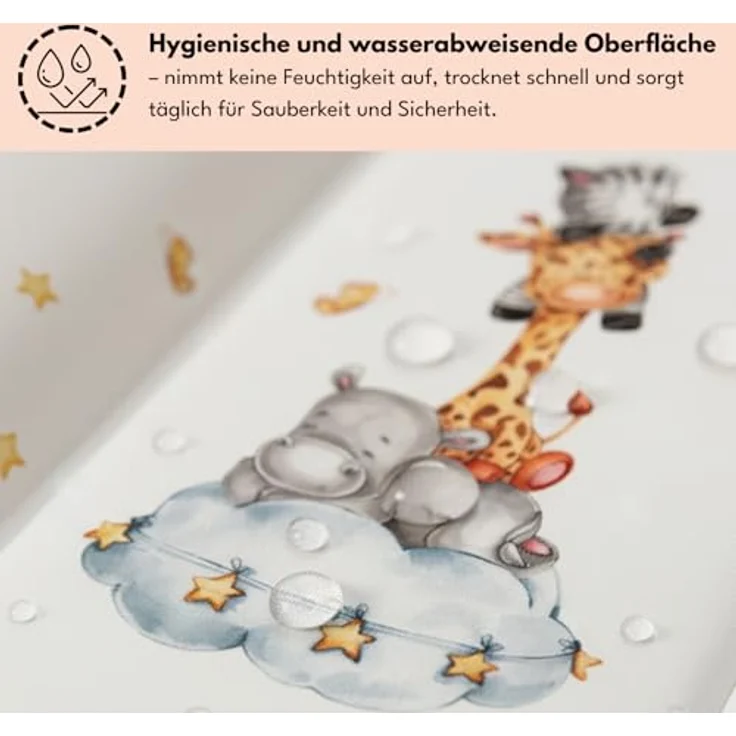 Wickelauflage 50x70 cm, Weiß mit Safari-Tieren – abwaschbar & wasserdicht, weich für Neugeborene – Wickeltischauflage für Wickelkommode – Baby Wickelunterlage, schnell abwischbar – Bild 6