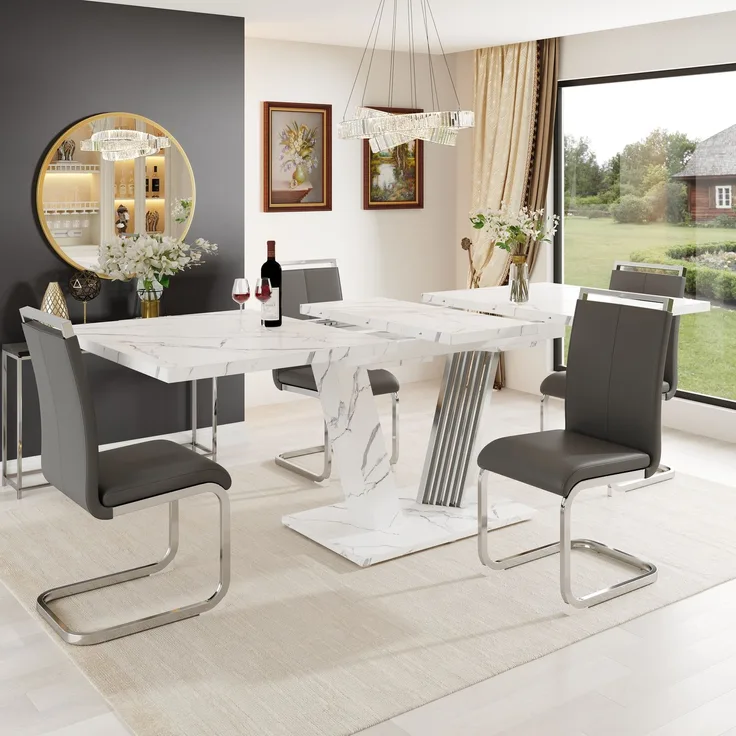 Esszimmergarnitur (5-teilig), Ausziehtisch, Tisch 120(160)x80x76 cm (inkl, 4 Stühlen), für 4-6 Personen, Stühle mit Kunstlederbezug in Grau--Weiß--112.5x27.5x22.5cm--YOUDENOVA