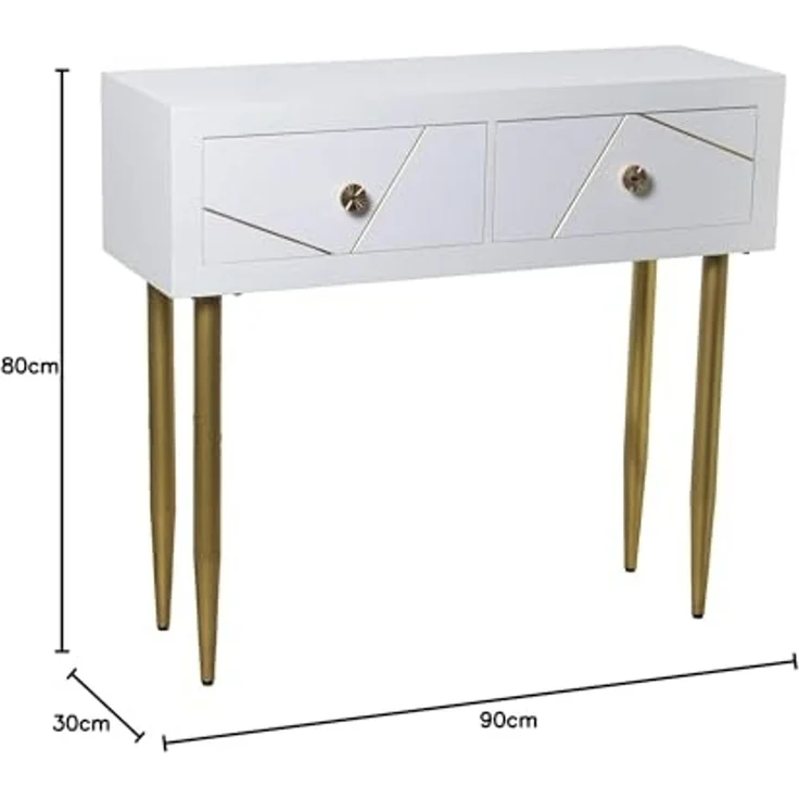 DRW Eingangstisch Konsolentisch aus Holz mit Zwei Schubladen in Weiß und Gold, 90 x 30 x 80 cm – Bild 2