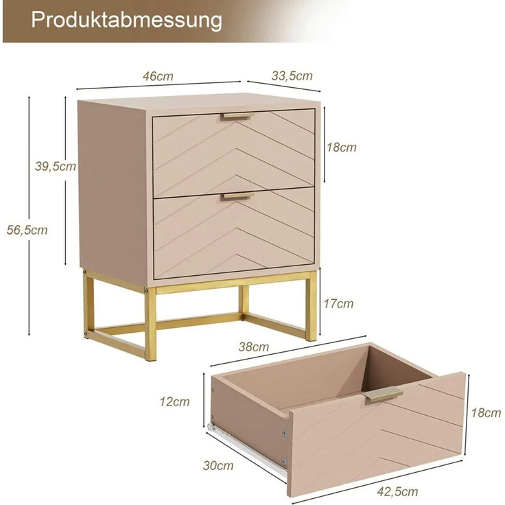 UEV Nachttisch 2er Set, Nachtkommode mit Schubladen (Nachtschrank mit 2 Schubladen für Kinderzimmer/Schlafzimmer/Wohnzimmer), kleine Beistelltisch Sofatisch mit Kippschutz & Metallbeine – Bild 3