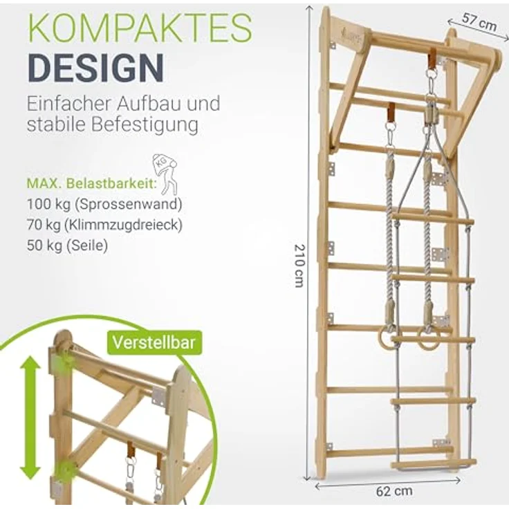 Juskys Sprossenwand für Kinder - mit Klimmzugstange, Indoor Klettergerüst mit Turnringen und Strickleiter, Kletterwand fürs Kinderzimmer, Turnstange – Bild 7