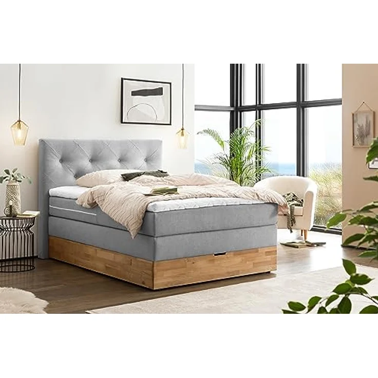 Belanoti MARBO Boxspringbett 140x200 mit Bettkasten 7-Zonen Taschenfederkern Matratze inklusive Visco Topper Bett 140x200 Eiche in der Farbe Hellgrau H2/H3 Polsterbett mit Massivholz Eiche – Bild 2