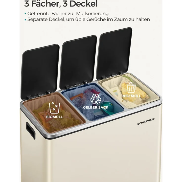 SONGMICS Mülleimer Küche, 3 x 18 L, Mülltrennsystem 3 Fächer, Abfalleimer, Treteimer, für gelben Sack – Bild 2