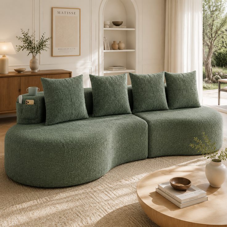 Großes Stoffsofa 240 cm mit Getränkehaltern, Seitentaschen und 4 Kissen, gepolsterte Couch mit Schaumstoff und Federleisten für Wohnzimmer, Grün
