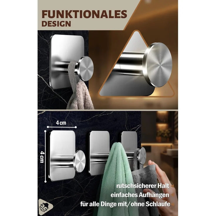 Lindenstein Wandhaken 6er-Set Silber – Edelstahl V2A, 3M-Pads, ohne Bohren – Bild 3