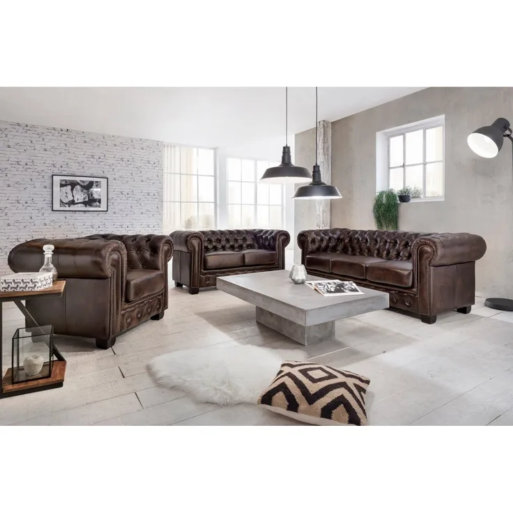 Woodkings Chesterfield Sofa 3-Sitzer Echtleder braun 200x72x90 cm Ledercouch antik englisches Design Clubsofa Wohnzimmer Büro