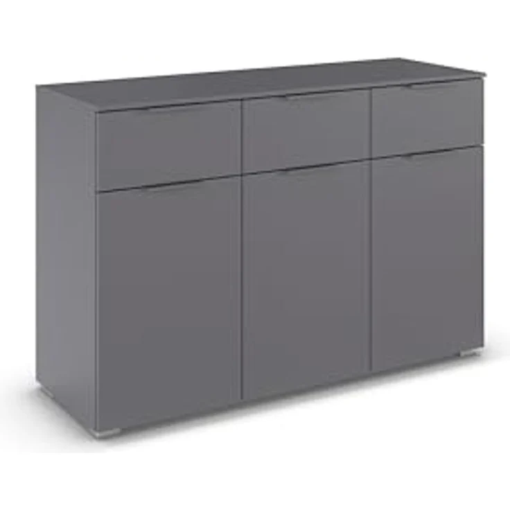 Rauch Möbel Alabama, Kommode für Schlafzimmer, Kinderzimmer, Garderobe, Flur, 3-türig, mit 3 Schubladen, Soft-Close-Funktion, Farbe Grau metallic, Schwarz, Maße 120x81x42cm – Bild 1