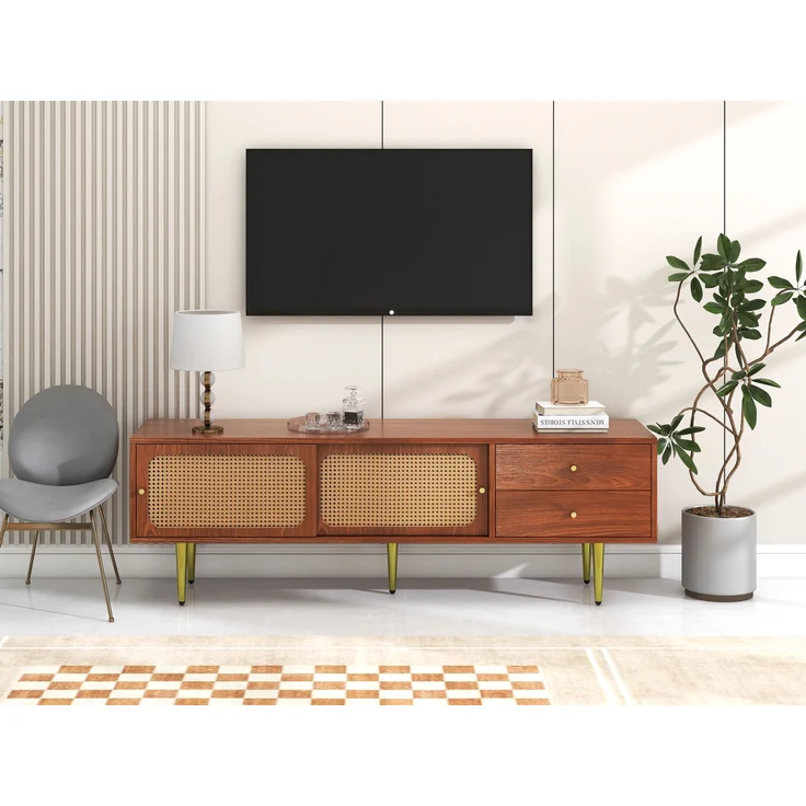 TV-Schrank, 160x40x60 cm, Walnuss-TV-Schrank mit Rattan-Schiebetüren, 2 Schubladen & Metallfüßen – Bild 3