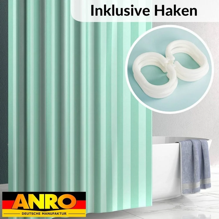 ANRO Duschvorhang aus Italien hochwertiger Badevorhang Textil mit Ösen und Haken Breite 120 cm (Packung, 1-tlg, Duschvorhang inkl. Aufhängeringe), robuster Vorhang Stangenaufhängung in Größe 200x120cm in grün – Bild 2