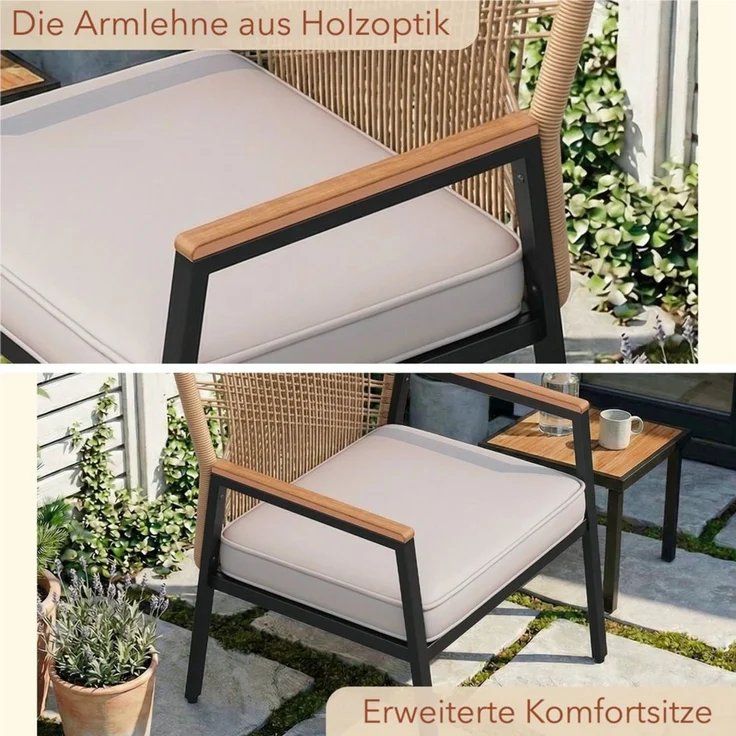 TLGREEN Gartenstuhl Eisen-Rattan Gartensessel,verbreiterter Sitz, (Gartenmöbel-Set,Zwei Stühle und ein Beistelltisch, 3 St), 160 kg Belastbar für Terrasse, Garten und Veranda – Bild 4