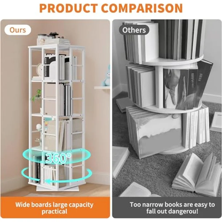 GarveeHome 5-Etagen-Drehregal Mit 360° Rotation | Schmaler Bücherturm Mit Metallschienen Für Wohnzimmer, Büro & Wohnung (40x40x137 cm) – Bild 6