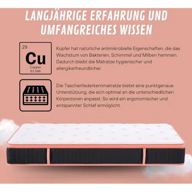 Arensberger Kupfermatratze mit Federkern & Kupferschaum, integrierter Topper, 140x200 cm, Höhe 25 cm, Härtegrad H3/H4, ergonomisch, Taschenfederkern Matratze, Rollmatratze – Bild 4