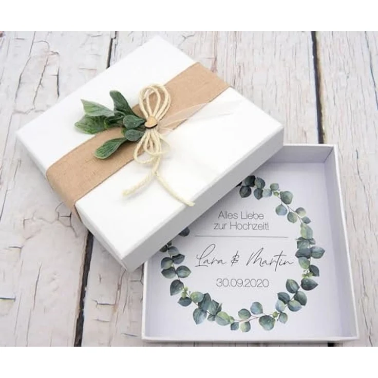 ZauberDeko Geschenkbox Geldgeschenk Verpacken MIT NAME Geschenk Hochzeit Herz Weiß Eukalyptus – Bild 5