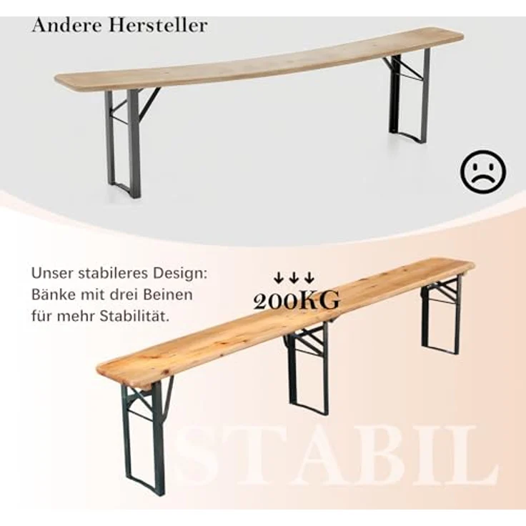 Ball & Cast Bierzeltgarnitur 3-teilig, Biertisch Klapptisch mit 2 Sitzbänken, Camping Tisch faltbar, Wetterfester Kiefer Massiv, Natur, 220 cm – Bild 3