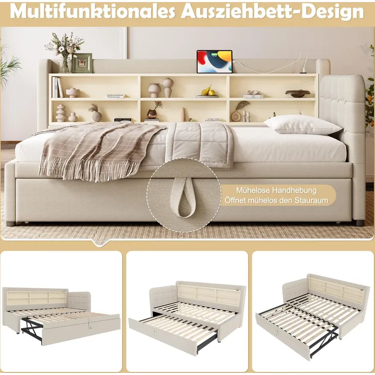Stauraumbett mit Lattenrost, Regal, USB und Type-C Anschluss, 90x200cm/180x200cm, Liegefläche erweiterbar, Einzelbett, Polsterbett, Leinen – Bild 4