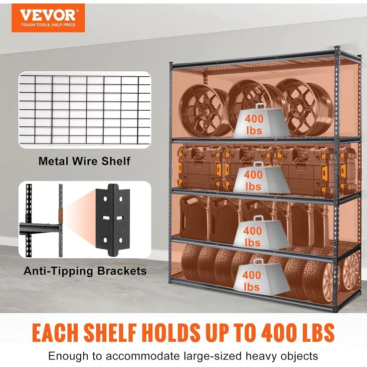 VEVOR Lagerregal 5-stufig verstellbar 907,2 kg Kapazität Garagenregale, Metall-Organizer Drahtregal schwarz 152,4 x 61 x 198,1 cm für Küche, Speisekammer Keller Badezimmer Wäscheschrank – Bild 4