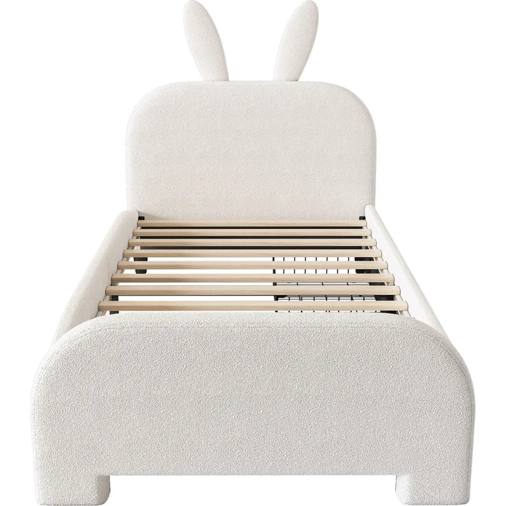Kinderbett 90x200 Weiß mit Kaninchen-Kopfteil und 2 Schubladen,Gepolstertes Bett aus Lammwolle und MDF, Cartoon Bunny Design – Bild 9