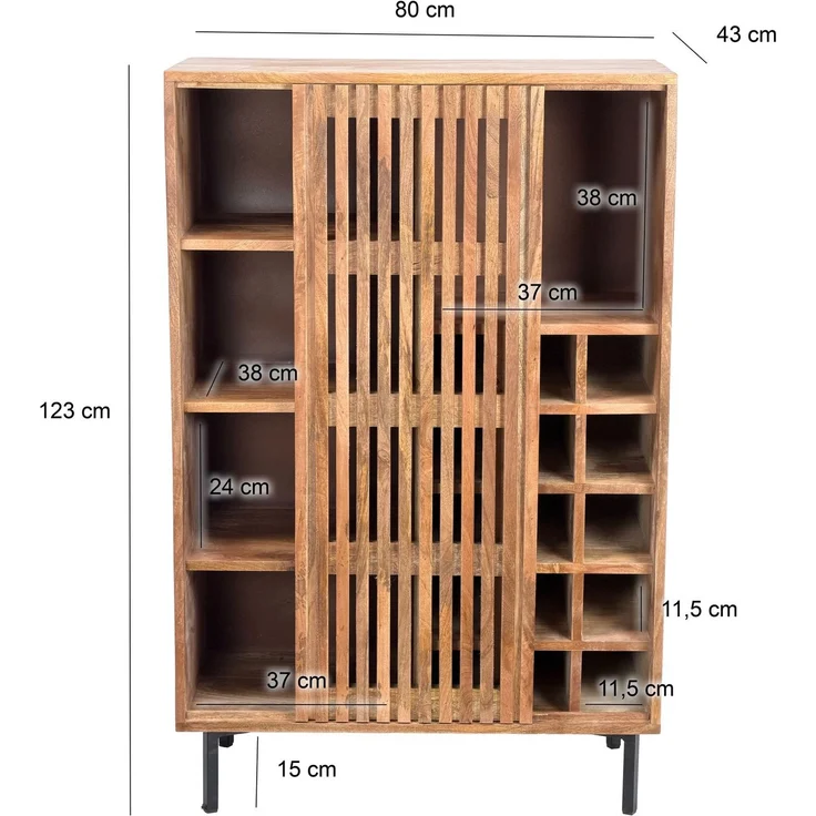 Hausbar Mango Massivholz 80x123cm Barschrank mit Schiebetür im Gitter-Design - Bar Schrank Weinaufbewahrung - Spirituosenschrank mit Metallbeine und Weinregal Handmade – Bild 4
