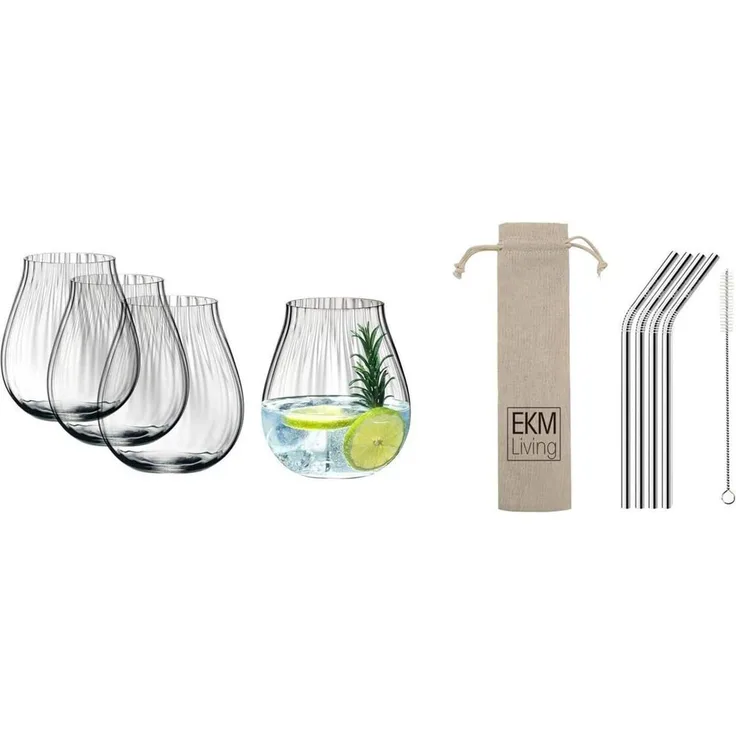 Riedel O 5515/67 Gin Tonic Optical Gläser Set 4 Stück + Gratis 4er Set EKM Living Edelstahl Strohhalme Silber gebogen