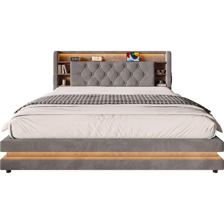 TavilaEcon Boxspringbett Samtbett, Polsterbett mit LED-Beleuchtung & USB-Ladefunktion grau Liegefläche 160 × 200 cm – Bild 9