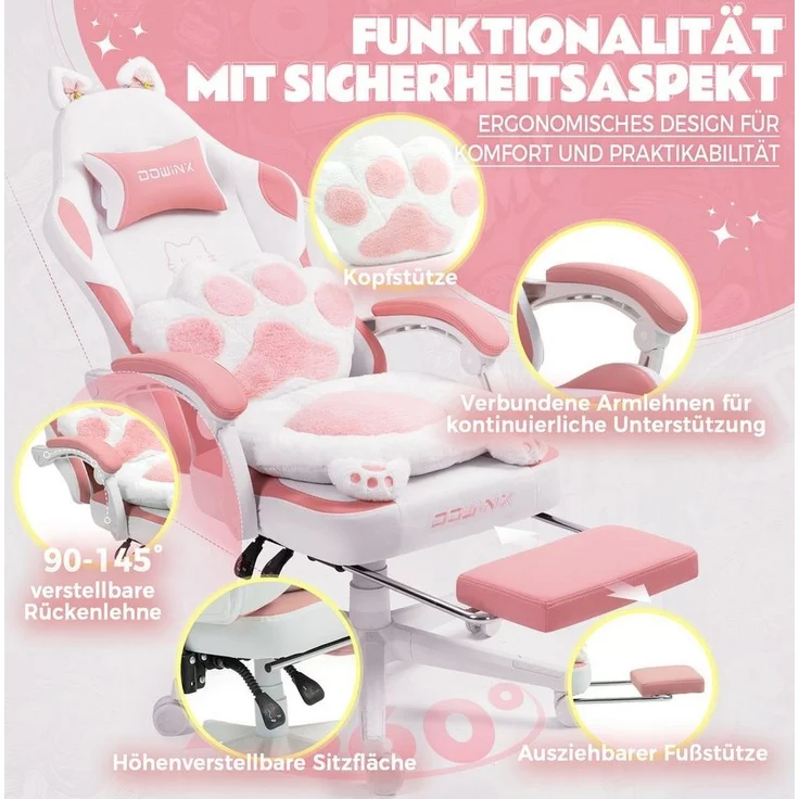 Dowinx Gaming-Stuhl Niedlich mit Katzenohren, Pfoten-Lendenkissen und Sitzkissen, (Packung), Ergonomischer Computerstuhl mit Fußstütze, PC-Spiele-Stuhl für Mädchen – Bild 3