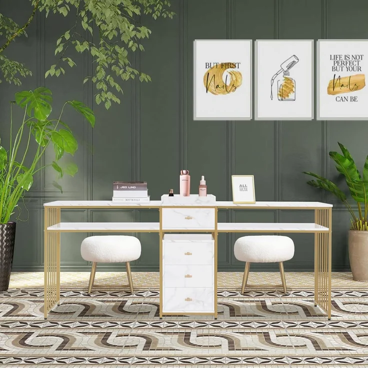 M MCombo Doppelnageltisch mit Schubladen, Schreibtisch mit Regal, Manikürtisch, Schminktisch ohne Spiegel Wohnzimmer Modern, Marmor-Weiß Gold, 2413 – Bild 2