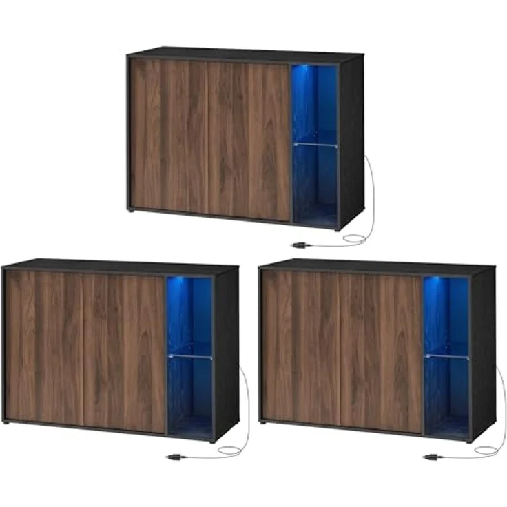 SONGMICS HOME Superschnelle werkzeuglose Montage, Sideboard mit Beleuchtung, 3er Set Aufbewahrungsschrank, TV-Schrank, Glasablage, Toolless-Technologie, von SONGMICS, naturwalnussfarben-ebenholzschwarz BBKDE793B01 – Bild 1