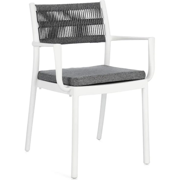 Gartenstuhl Alvin mit Armlehne, Metall und Polyester, modern, weiß dunkelgrau, stapelbar, inkl. Kissen
