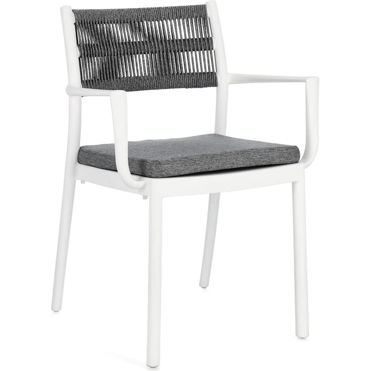 Gartenstuhl Alvin mit Armlehne, Metall und Polyester, modern, weiß dunkelgrau, stapelbar, inkl. Kissen – Bild 1