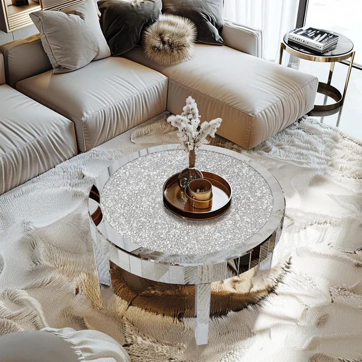 Runder Couchtisch Kristallglas Diamant Silber 80cm Sofatisch Verspiegelt – Bild 8